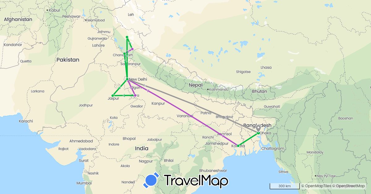 TravelMap itinerary: driving, bus, plane, train in Bangladesh, India (Asia)